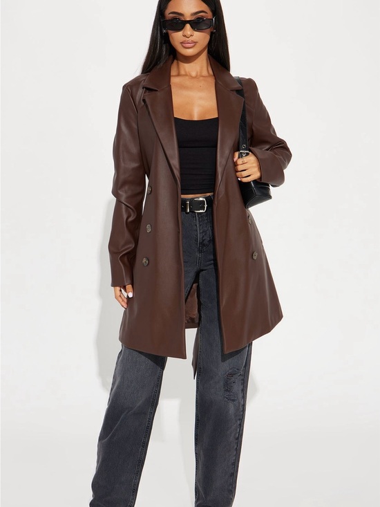 Fashion Nova Jackets & Blazers - Fashion Nova Brown Faux Leather Double-Breasted Trench Jacket